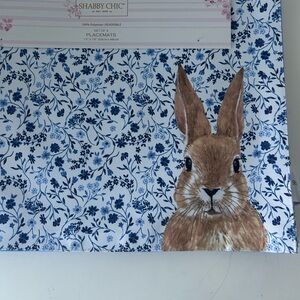 NEW Shabby Chic Blue and White Floral Bunny PLACEMATS SET OF 4